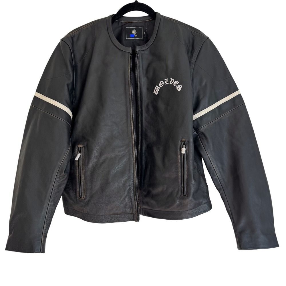 Darc Sport Mens Black Leather Wolves Jacket Motorcycle Biker SMALL